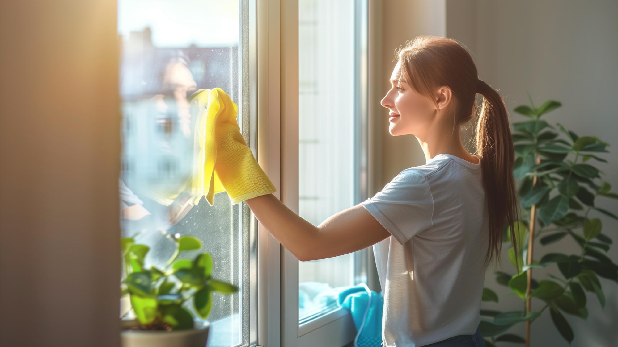 A young woman wearing a white t-shirt and yellow cleaning gloves is wiping a window with a cloth, smiling as she enjoys the sunlight streaming in. Green plants are visible in the foreground.