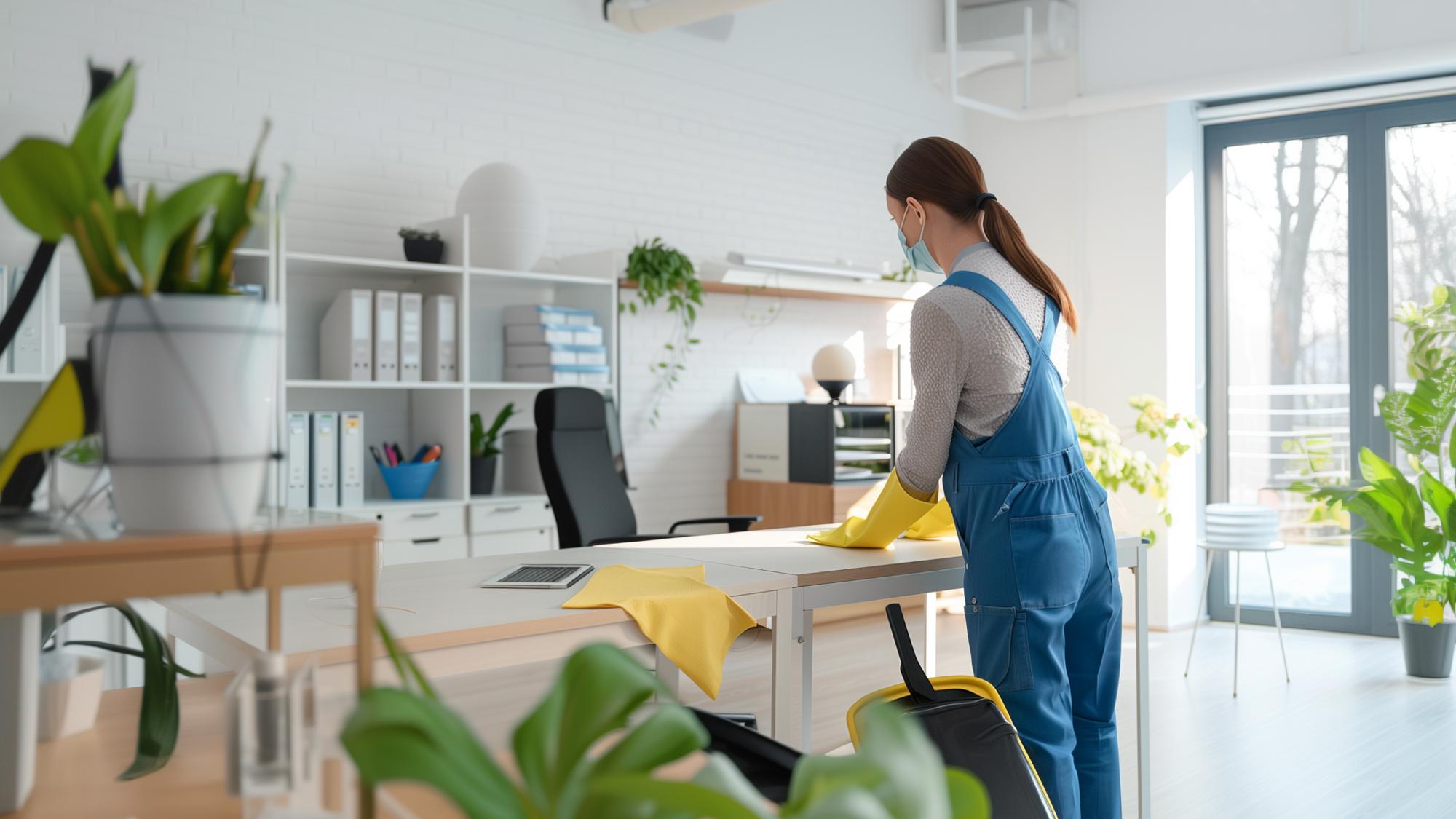 A person in overalls is cleaning a modern office space, folding a yellow cloth on a desk. The office features large windows with natural light, plants, and organized shelves.